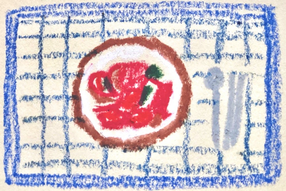 Simple crayon drawing of a dish of kimchi, a spoon, and a set of chopsticks on a blue-gridded placemat.
