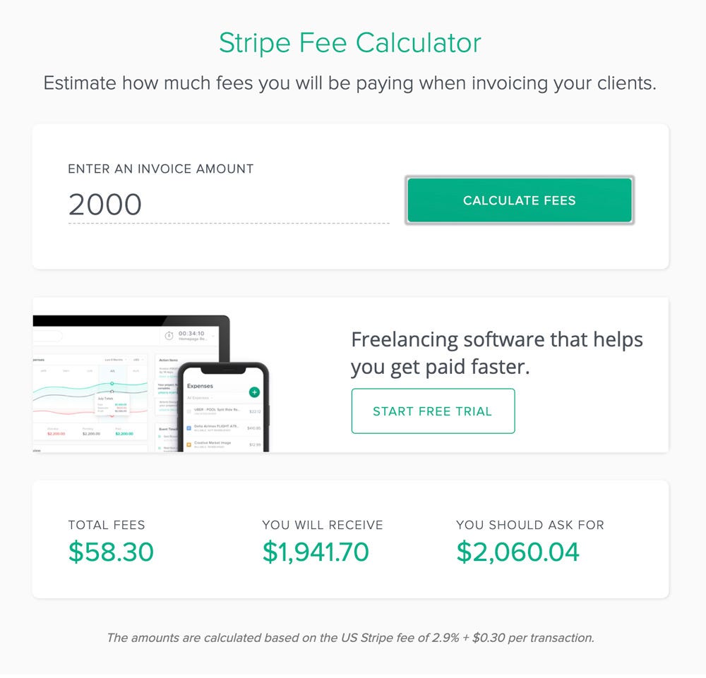 Bonsai’s (free) Stripe payment processing fee calculator