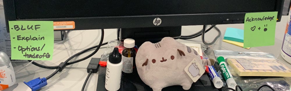A photo of 2 green Post-Its on my HP monitor, with a stuffed cat Pusheen character in the middle of the monitor stand.