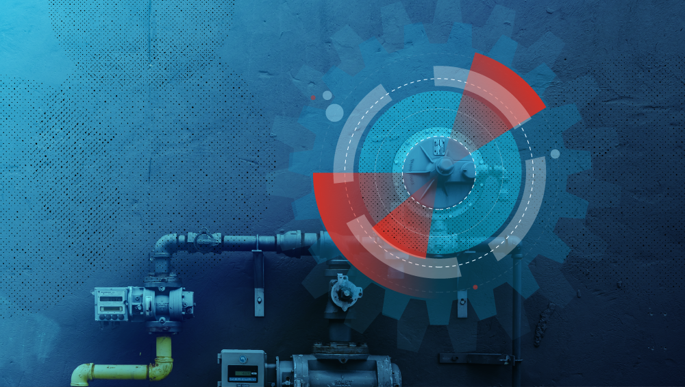 Photo of complicated blue plumbing pipes with red and blue gears superimposed on top.