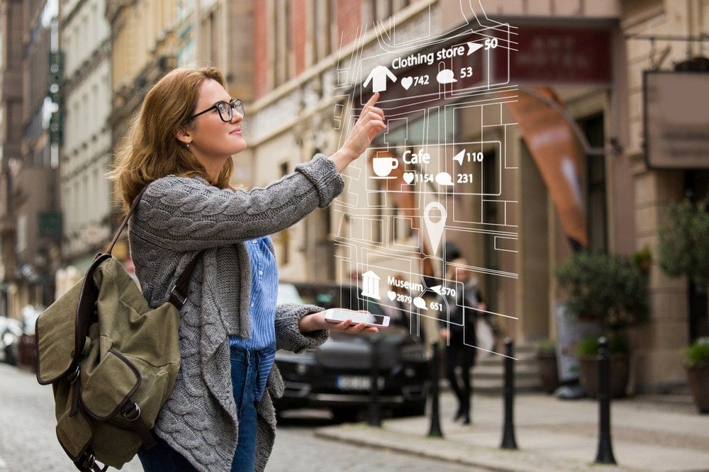 A woman living in a city gets directions to her favorite locations using futuristic AR glasses, able to merge the virtual and real world.