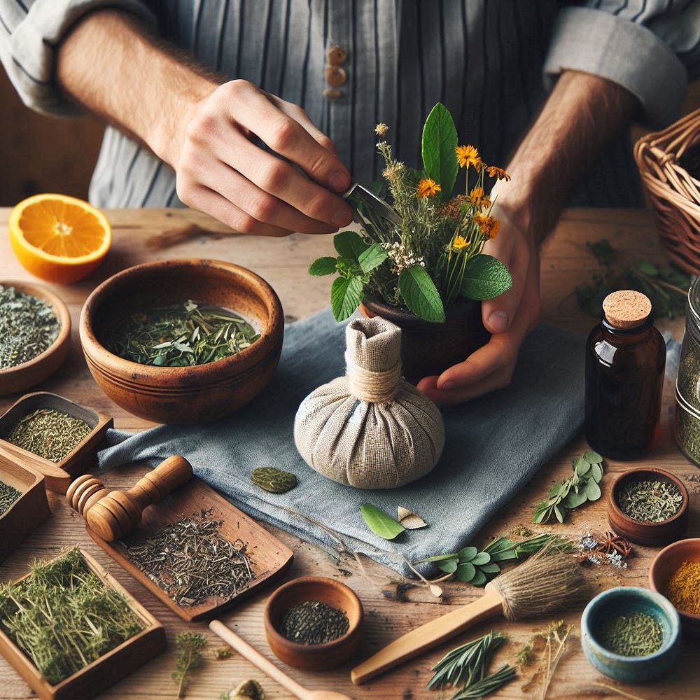 Artistic representation of thriving in an off-grid lifestyle. Depicts a person living harmoniously in nature, surrounded by sustainable practices and self-sufficient systems.
