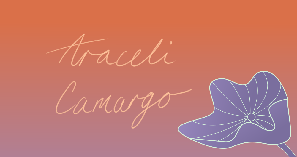 Text says “Araceli Camargo” in italic font on a burnt orange background. In the right corner is a graphic of a tropical leaf.