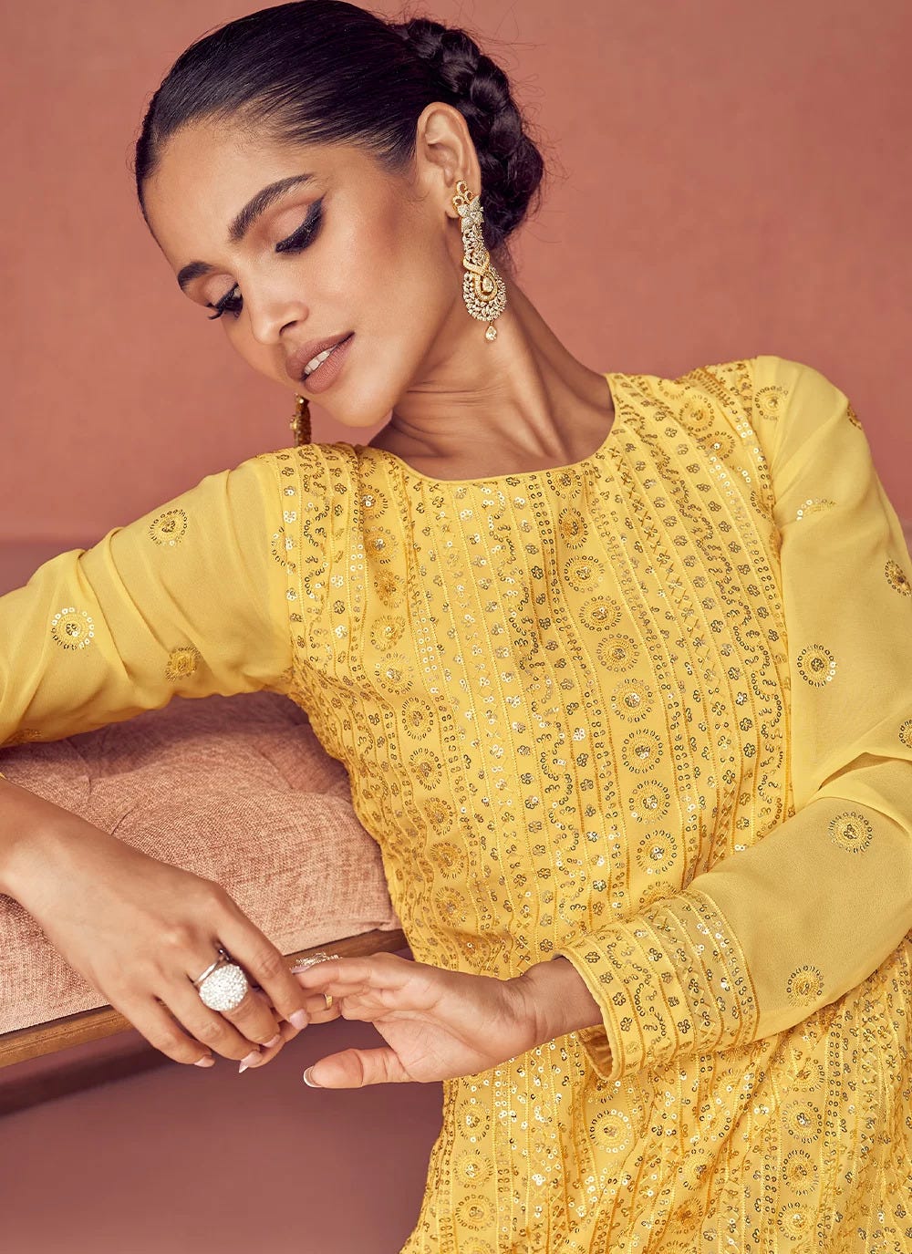 Yellow Georgette Embroidered Salwar Suit