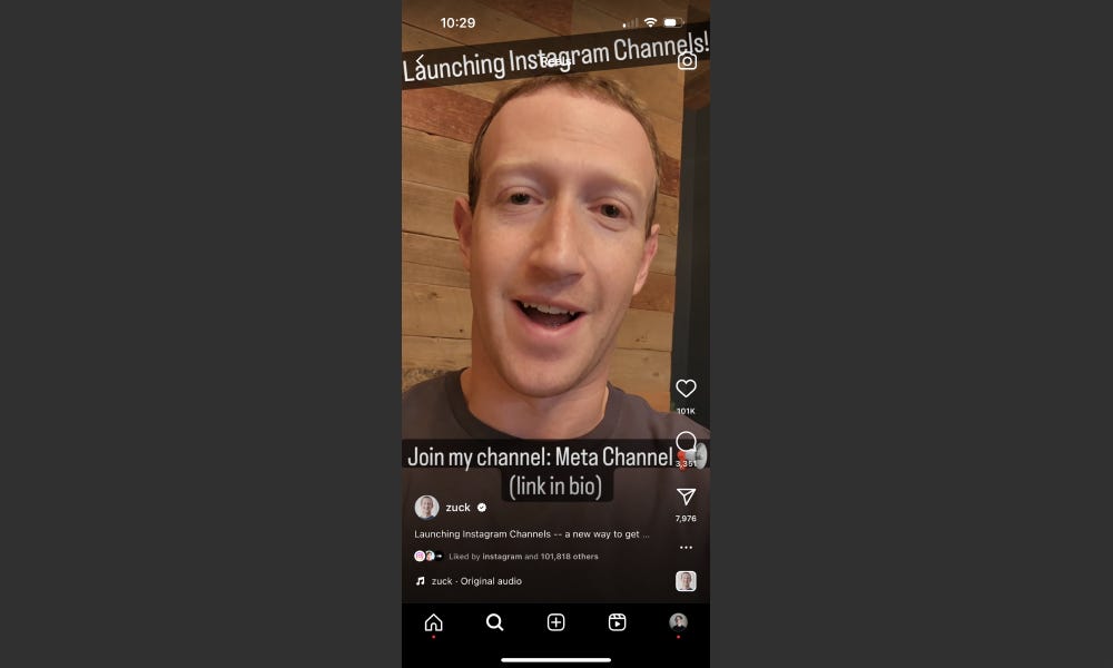Screenshot of Mark Zuckerberg’s Instagram Reel announcing Instagram “Channels”.
