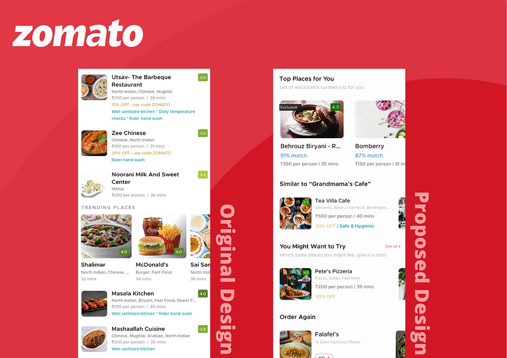 Comparison between Original and proposed design for Zomato