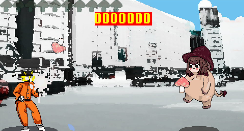 This screenshot shows the Parry Training minigame, where the character Kinoko (an antropomorphic mushroom) throws mushrooms at the player. The player must parry them by pressing Forward at the right moment to score points.