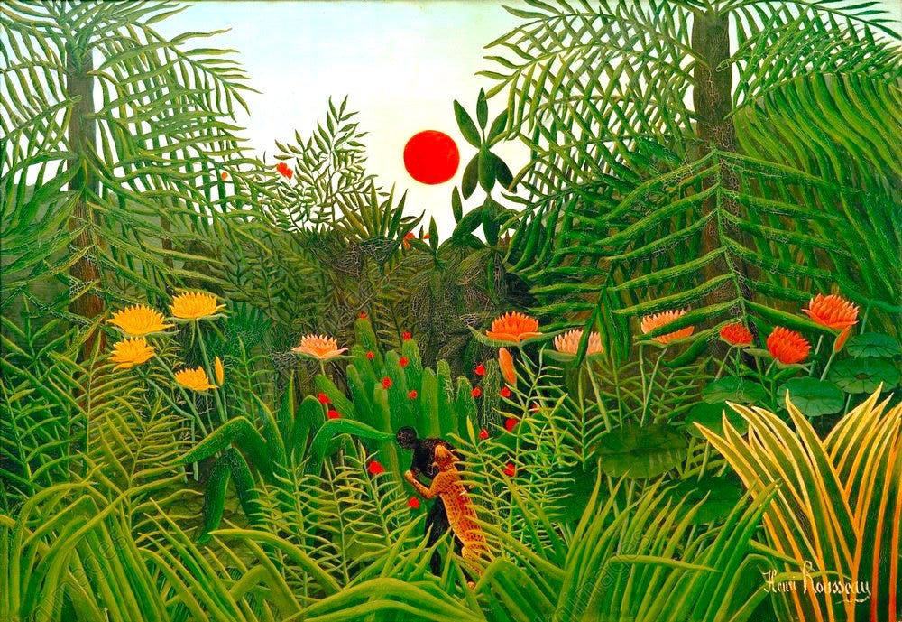 “Forêt vierge au soleil couchant. Nègre attaqué par un léopard.” — Painting by Henri (Douanier) Rousseau, 1910