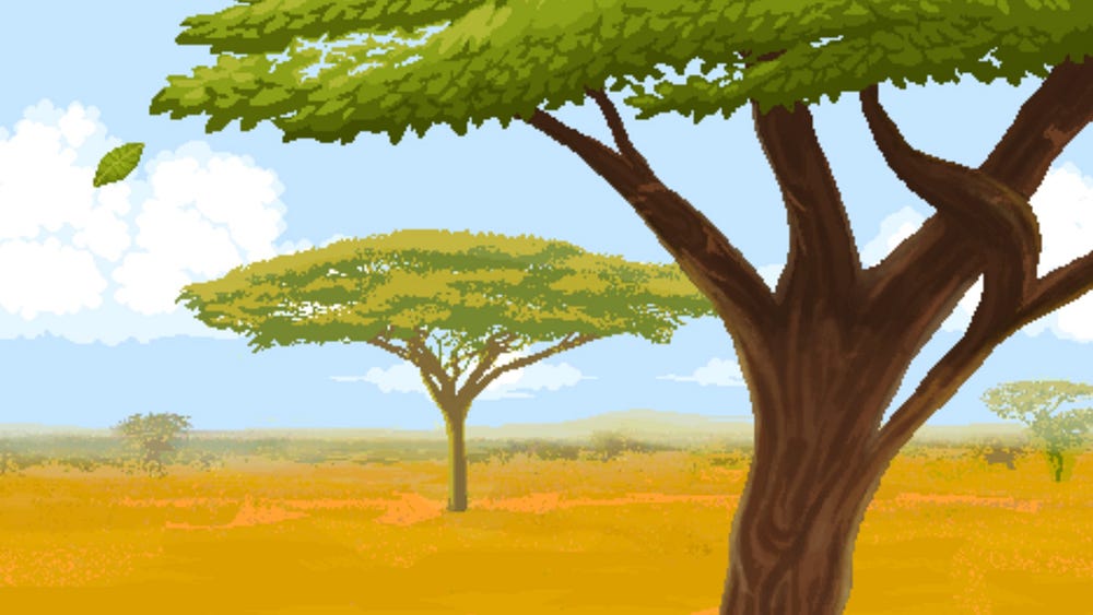 The stage intro of the Nigerian village is an animation of a leave falling from a tree in the savannah.