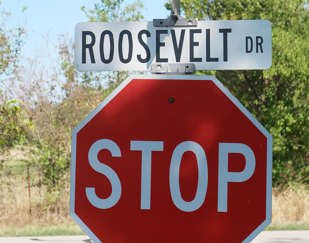 Roosevelt street sign (honoring FDR) across from Dalworthington Gardens, Texas City Hall. Photo taken and edited by author.