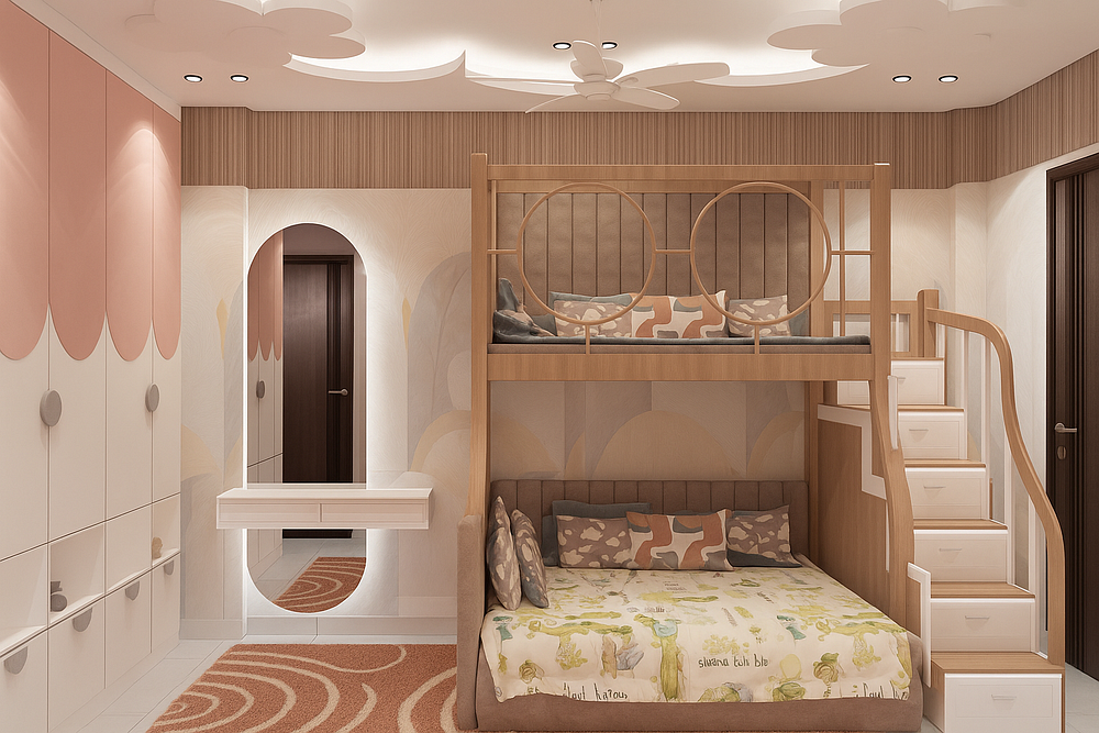 A stylish kids bedroom featuring a custom wooden bunk bed with built-in staircase drawers for smart storage. The lower bed is complemented with patterned bedding, while the upper bunk has a cushioned backrest and circular railing details for safety. A playful ceiling design with flower-shaped cutouts and soft lighting enhances the cheerful vibe. The room includes a sleek dressing mirror, pastel wardrobes, and a cozy rug, creating a warm and functional space for children.