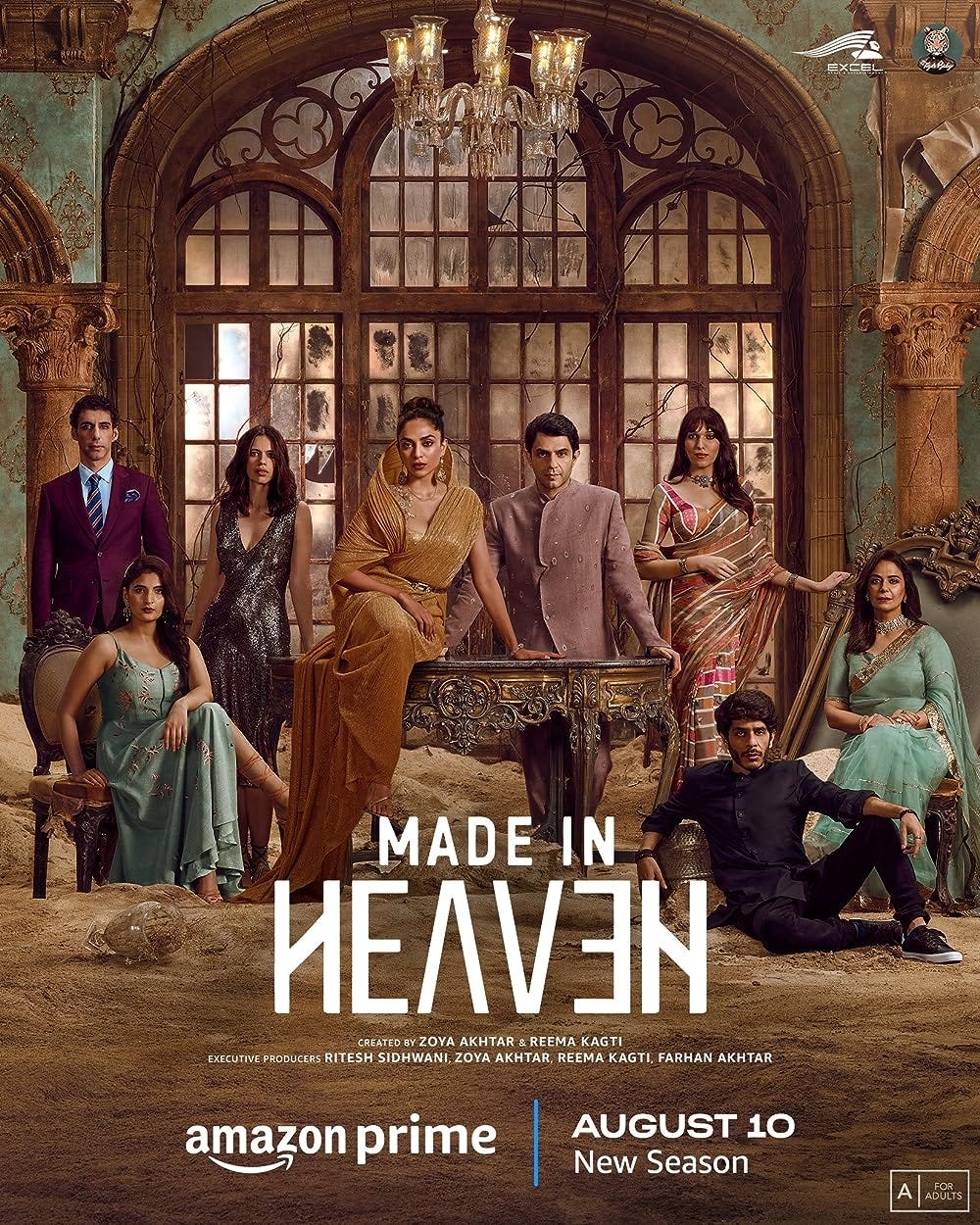 The main cast of Made in Heaven, season 2, shown sitting and standing, in fancy Indian wedding attire, in a highly decorated room. Below, logo of Amazon Prime and release date of August 10.