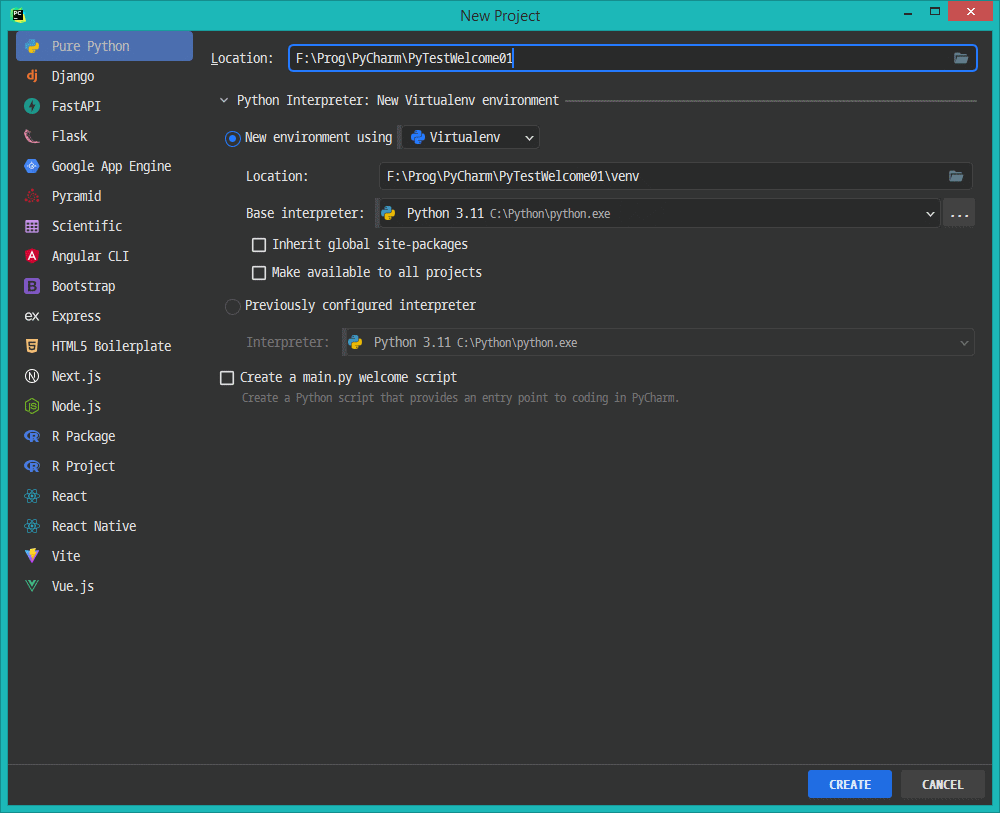 PyCharm New Project Settings