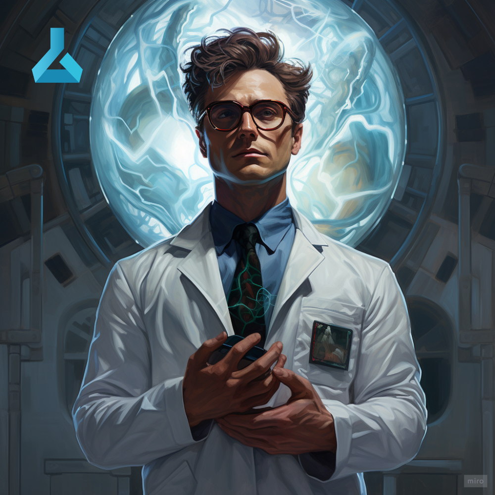 superhero, intelligent, empathetic, lab coat, a brain::2 symbol on the chest, science glasses, portrait, ultrarealistic — no shirt