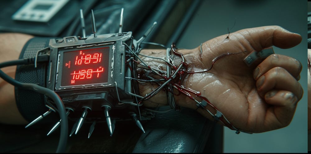 Graphic Sci-fi image of a spiked blood pressure cuff on a bleeding arm.