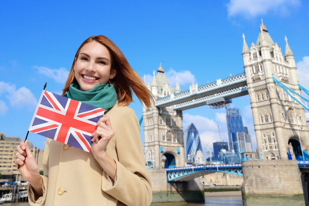 Orion Study Abroad Student in London posing with the flag of Union Jack.