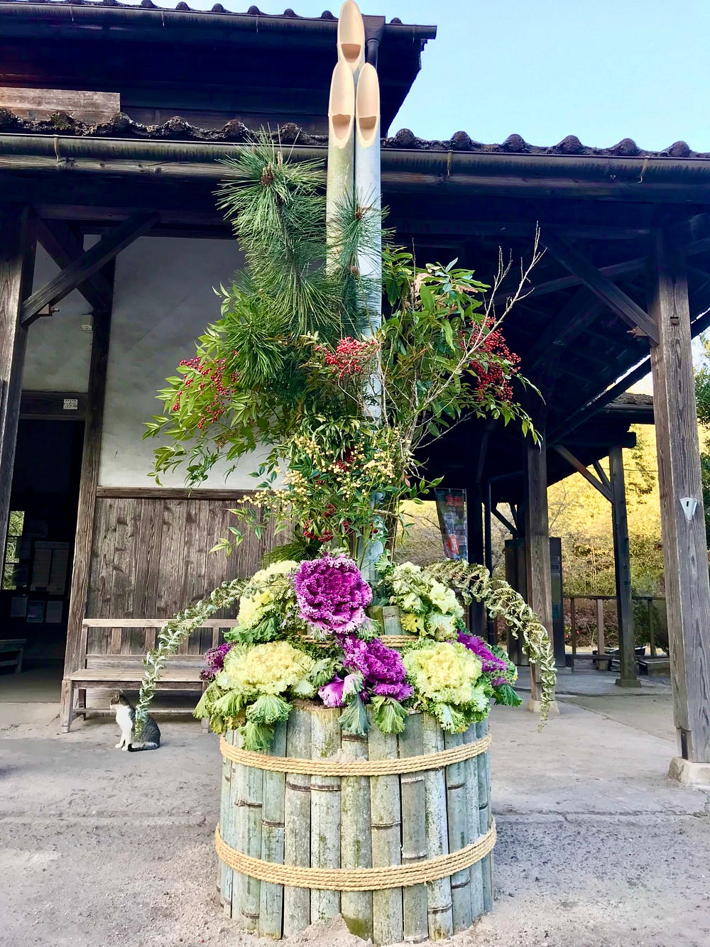 New Year's decoration called Kadomatsu. Three tall diagonally cut bamboo stalks surrounded by pine branches, leaves with red berries, ornamental cabbage, and ferns. This stands in front of an old wooden building with open doorway.