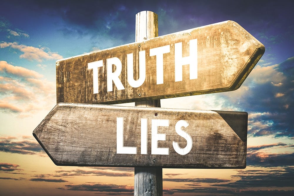 A wooden post showing the word Truth pointing in one direction and Lies in another.