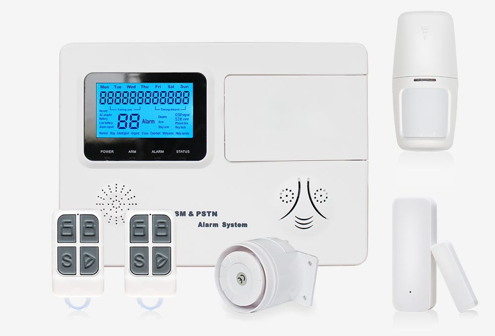 A home security system kit with various devices and sensors