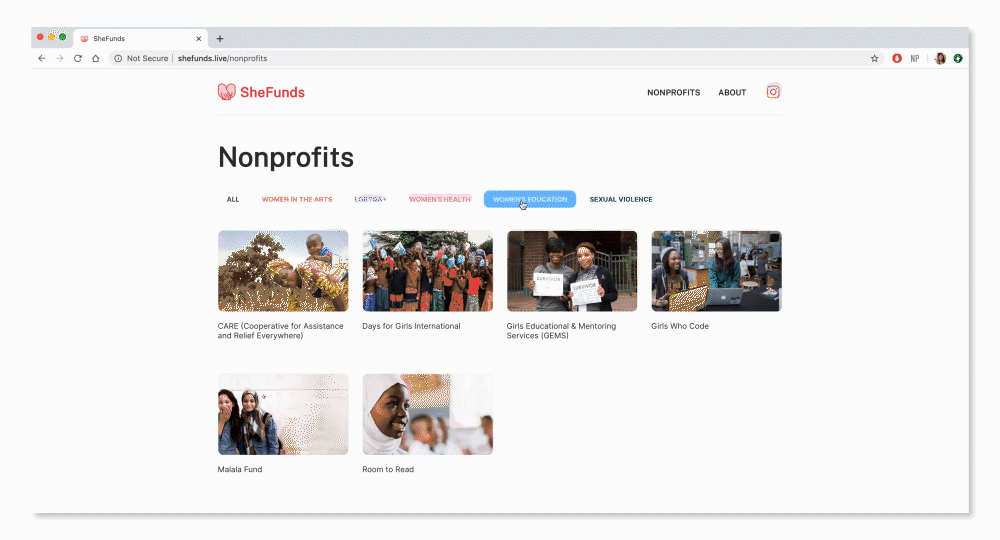 A screen recording of the nonprofit page for “Girls Who Code” on SheFunds