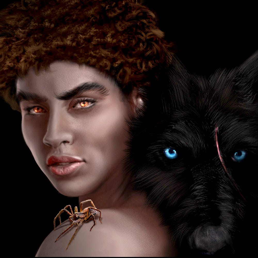 A dark skinned woman with a spider on her shoulder and a black wolf with blue eyes. Fantasy setting.