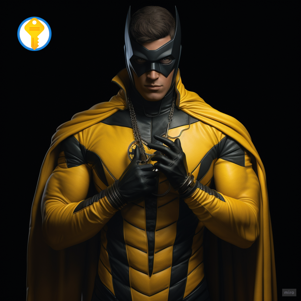 superhero, secure costume with black and yellow colors, a ‘yellow key’ symbol on the chest, keep secrets, portrait, ultrarealistic