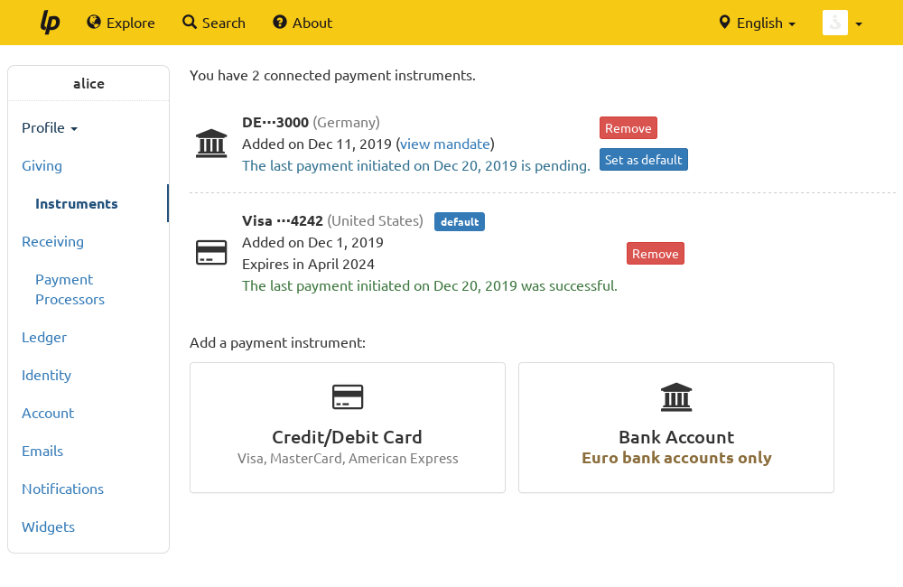 Screenshot of the new “Payment Instruments” page showing a card and a bank account