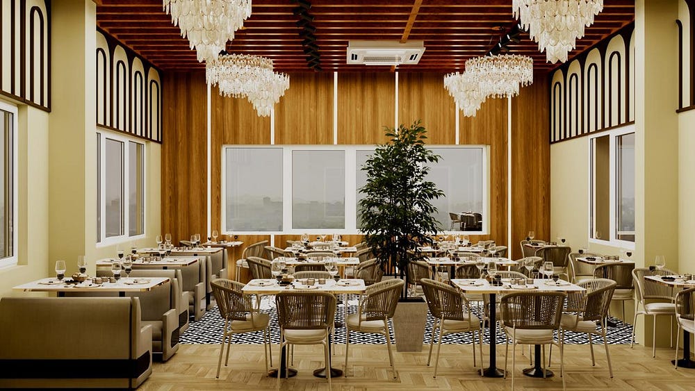 A sophisticated restaurant interior featuring elegant dining tables, upholstered sofas, and woven chairs arranged in perfect symmetry. Sparkling crystal chandeliers hang from a wooden beam ceiling, enhancing the luxurious atmosphere. Large windows allow natural light, while a central indoor plant adds freshness to the space. The warm wood paneling and patterned flooring blend comfort with contemporary design, creating an inviting fine dining experience.