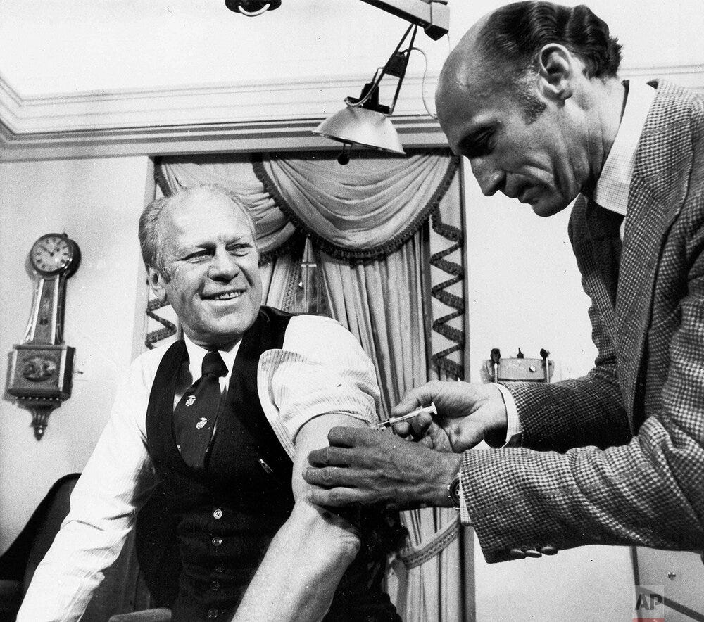 Gerald Ford receiving a swine flu vaccine in 1976.