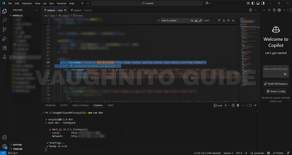 Code editor showing Tailwind CSS gradient setup using bg-gradient-to-br for SosyalAi homepage.