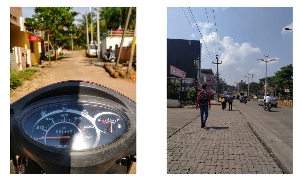 1. A two wheeler 2. Footpath with people