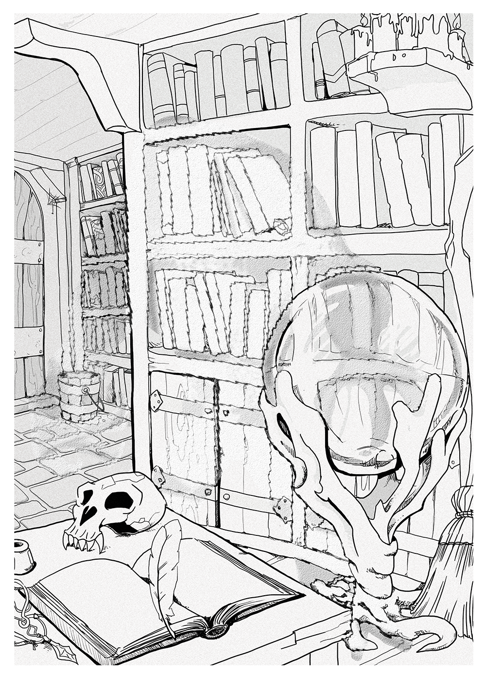 A line art drawing of a crystal ball in a library attempts to depict the concept of invisibility.