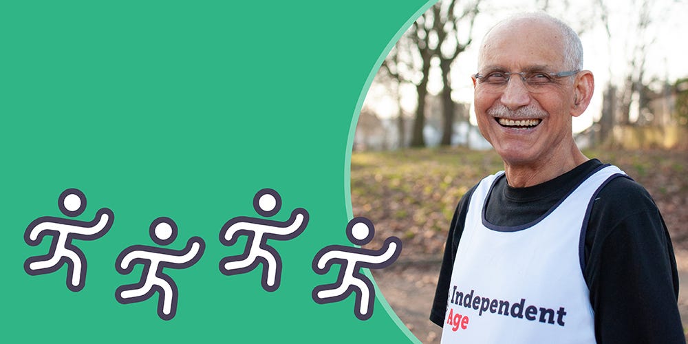 Green graphic featuring a photo of Mohamed, an older man who smiles at the camera while wearing an Independent Age running vest. Illustrations of people running are next to the photo.