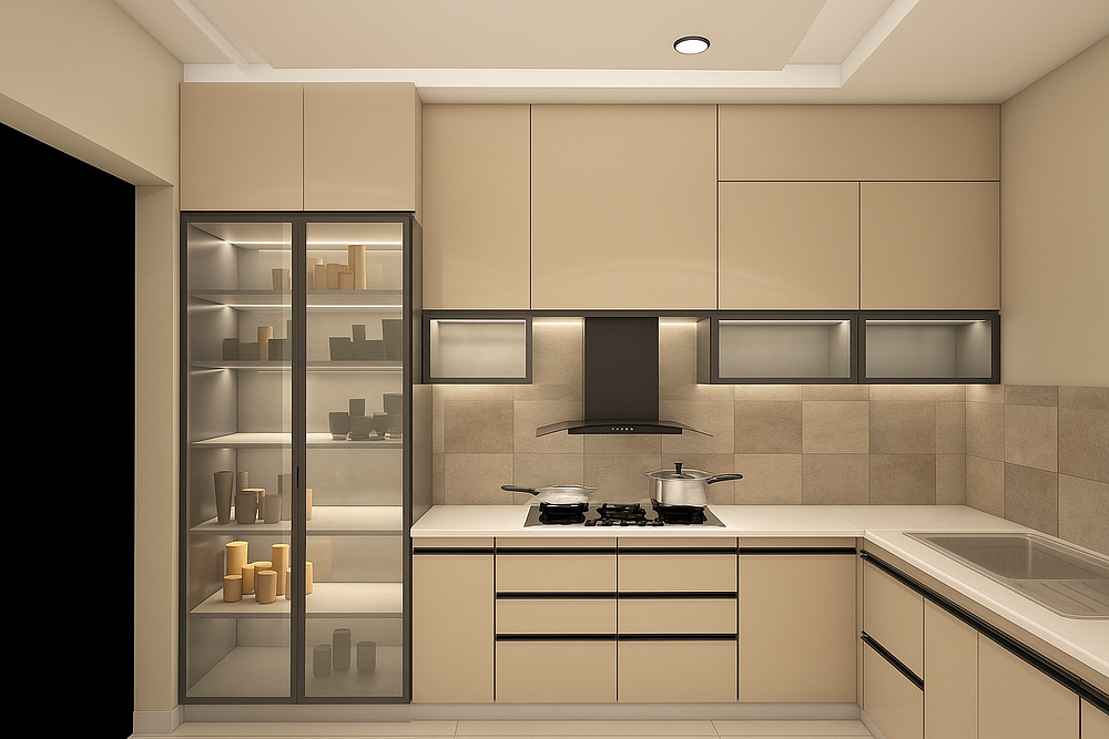 A contemporary modular kitchen designed with sleek beige cabinets and handle-less drawers for a clean, minimal look. The layout features an L-shaped countertop with an integrated sink, a dual-burner gas stove, and a modern chimney hood at the center. A tall glass shutter pantry with illuminated shelves adds elegance and storage space. Under-cabinet lighting highlights the beige tiled backsplash, creating a warm and functional cooking environment.