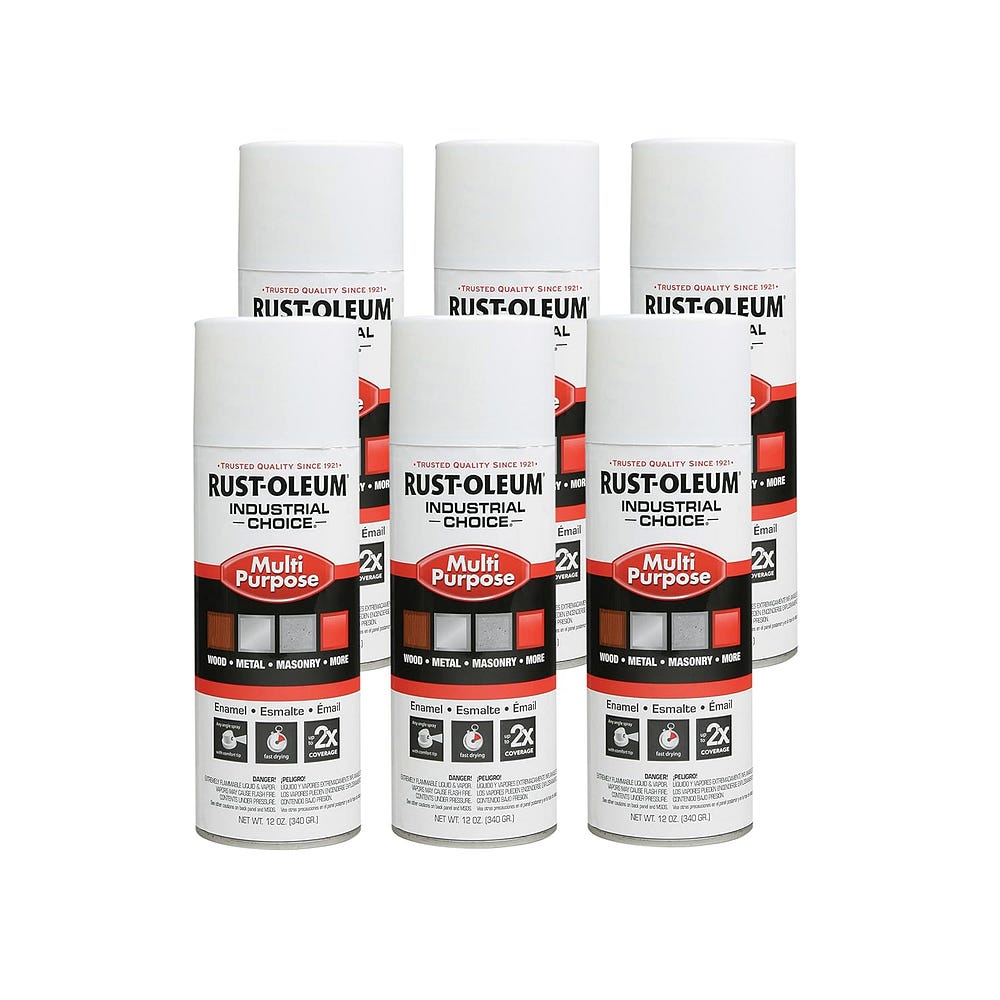 Rust-Oleum 1692830–6PK Industrial Choice 1600 System Multi-Purpose Spray Paint, 12 oz, Gloss White, 6 Pack