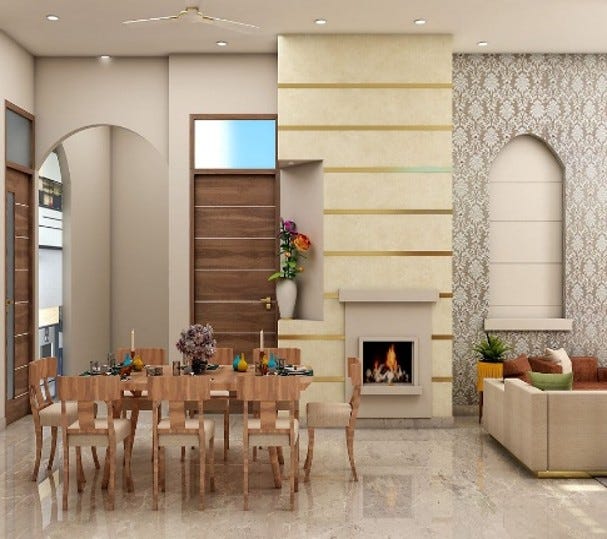 A luxurious dining and living room interior featuring a sleek wooden dining table with matching chairs, set for a meal. The space is anchored by a modern fireplace wall with golden horizontal accents and a decorative niche holding a flower vase. On the side, the living area includes a comfortable beige sofa with colorful cushions, placed against a patterned accent wall with arched detailing. The glossy marble flooring and recessed ceiling lights add to the elegance and warmth of the space.