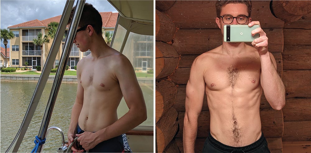 My physique before doing push-ups regularly versus after doing push-ups regularly