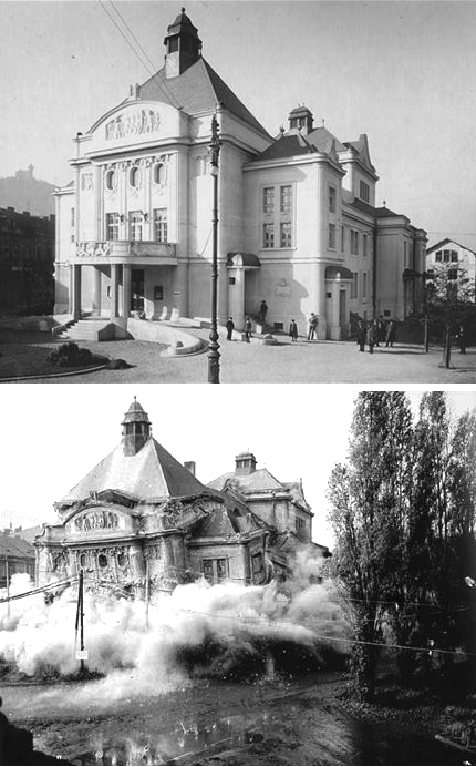 Two black and white photographs: the first shows a white building in an Art Nouveau style. The second photo shows the same building collapsing in a cloud of dust