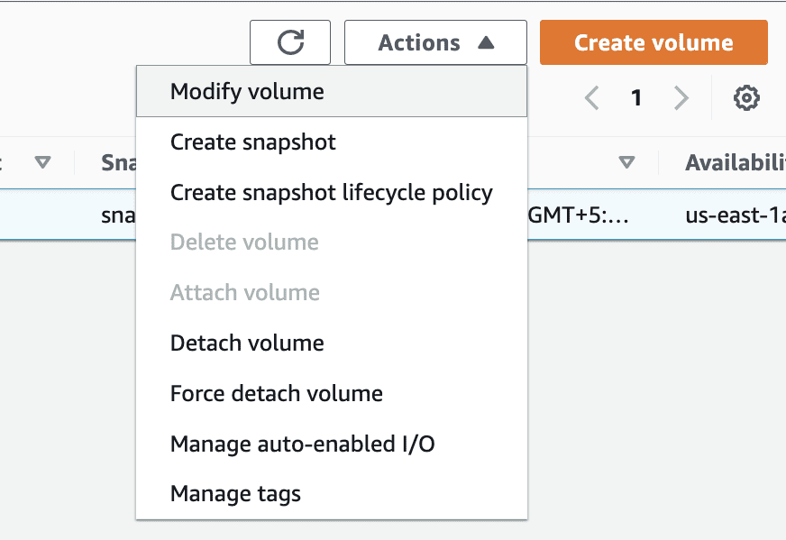 Menu option from where we can initiate the AWS EBS volume size