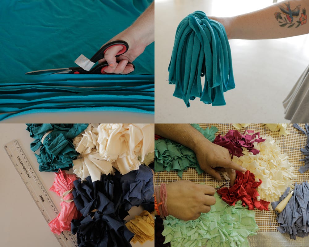 Images: 1 scissors cutting fabric, 2 a hand holding fabric strips, 3 buddles of fabric and a ruler, 4 hands weaving fabric