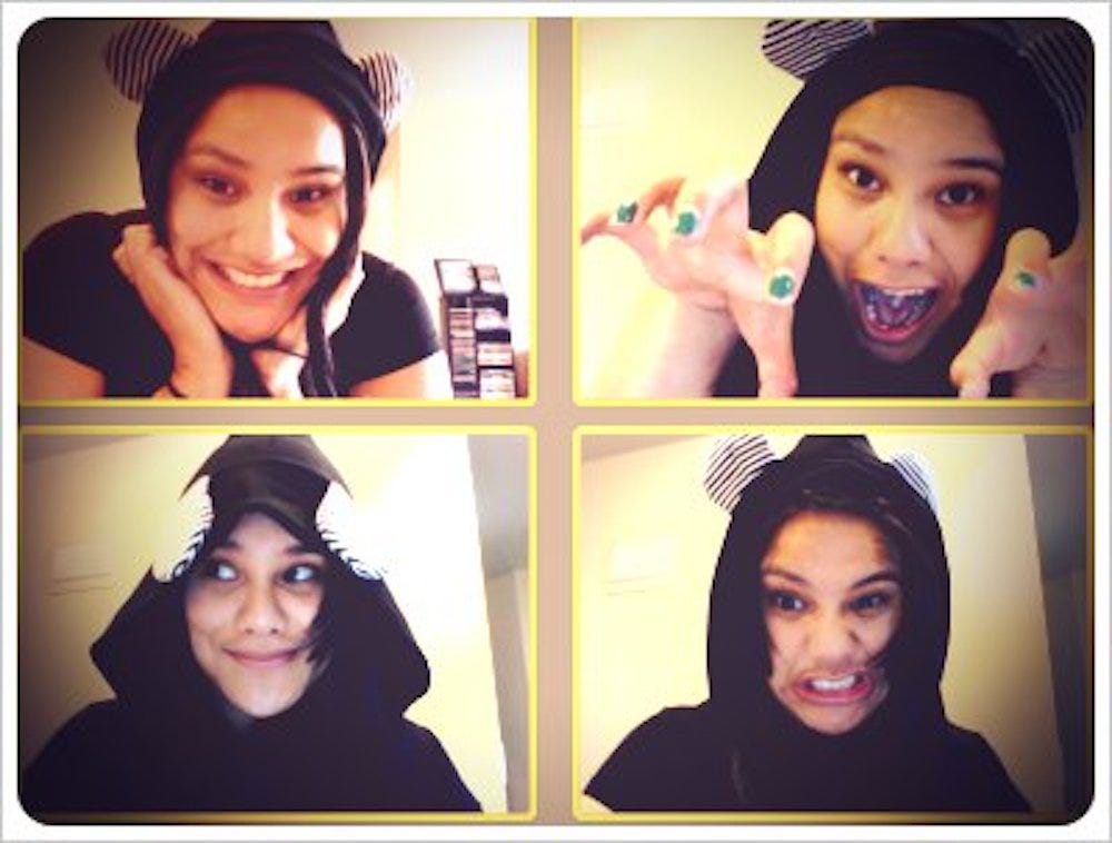 A collage of photos of me in a hoodie with bear ears, pulling faces — taken in 2011