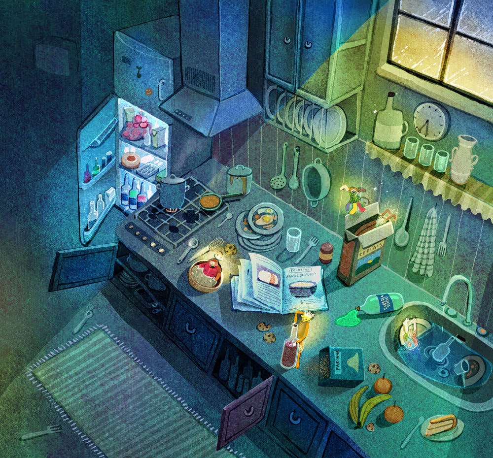 a dark kitchen with an open fridge, an open recipe book on the counter, and some other mess by Francisco Fonseca (represented by Good Illustration)