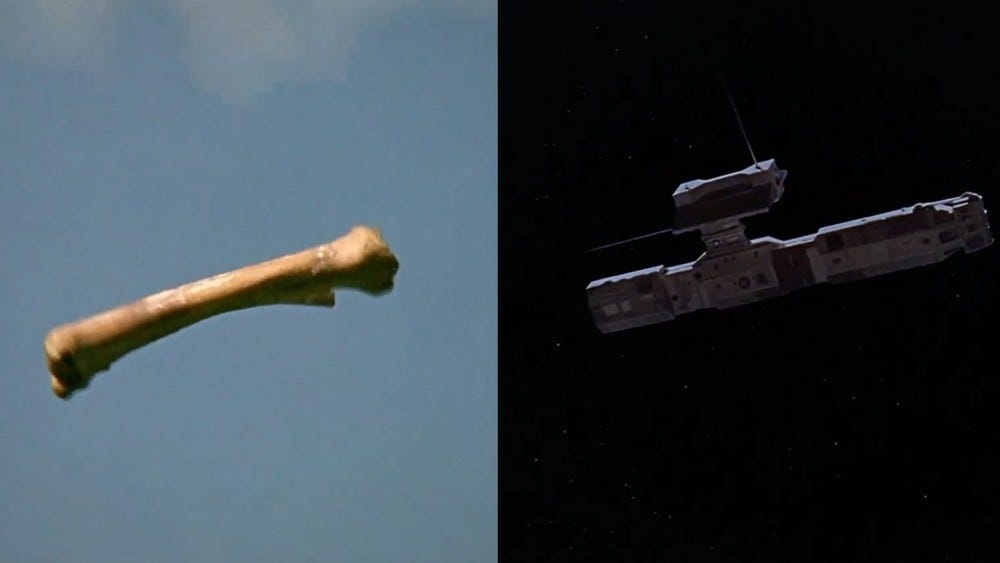 Side-by-side images from 2001: A Space Odyssey of a bone being tossed into the air and a space station