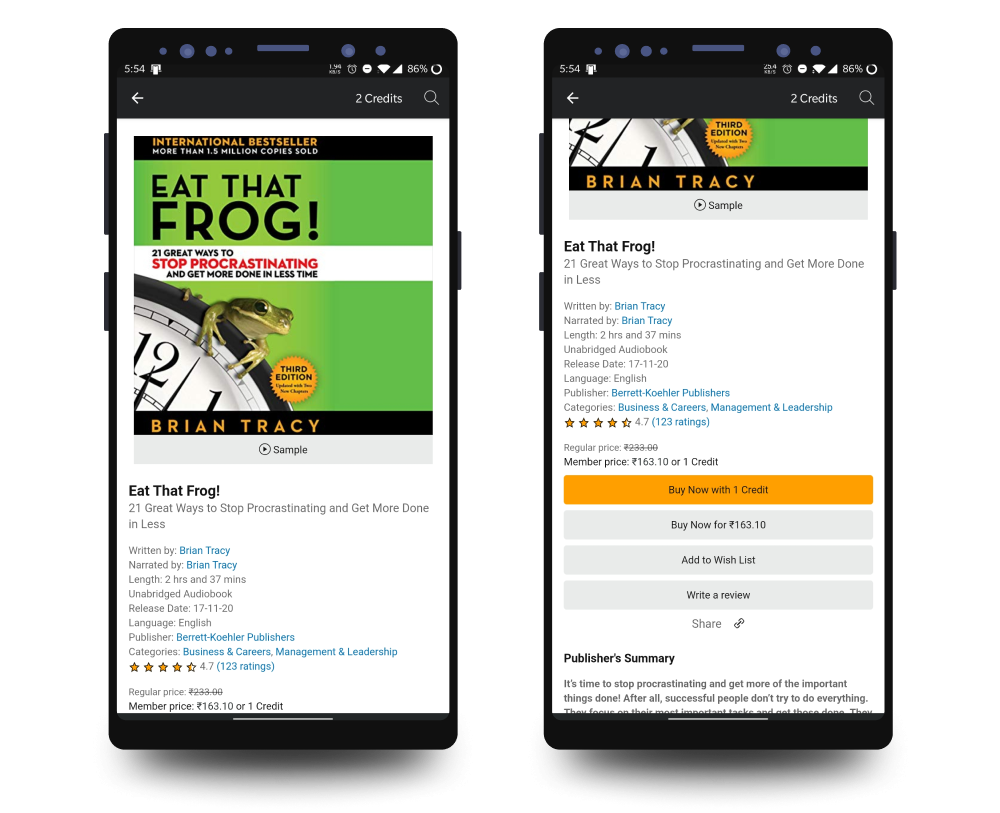 Mobile screenshots of audible app