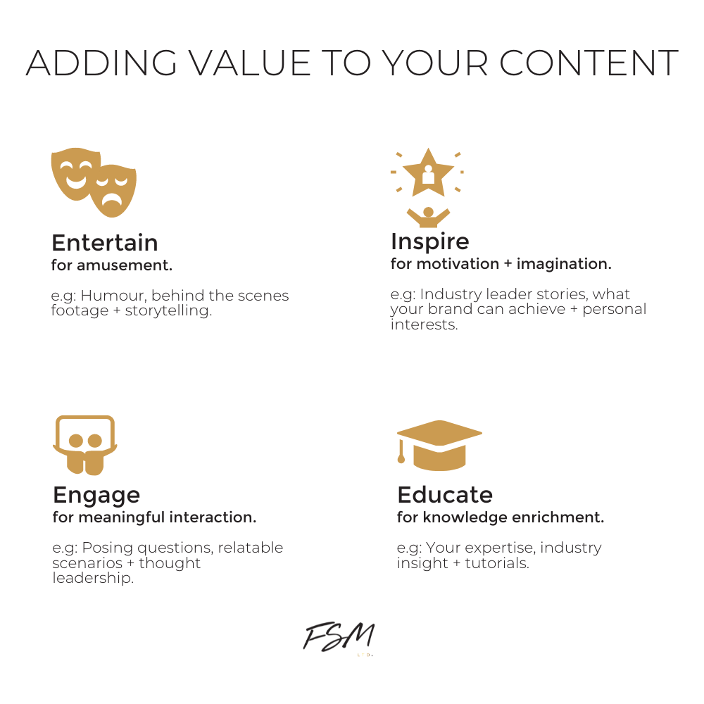 Infographic displaying ways to add value to your social media content on Instagram through entertainment, inspiration, engagement and education to capture attention in your captions, by Food Story Media digital agency in London.