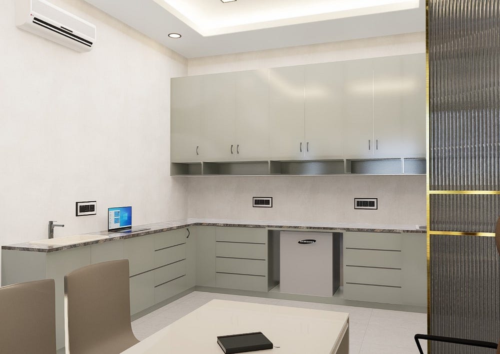 Contemporary office interior design featuring modular cabinets, sleek storage solutions, and a minimalist layout. The space includes overhead and base cabinets with a marble countertop, creating a professional and organized workspace. Designed by ArchitectsHive, the Best Interior Designers In Delhi specializing in Interior Design For Offices and Modular Office Furniture, this setup enhances productivity with elegance.