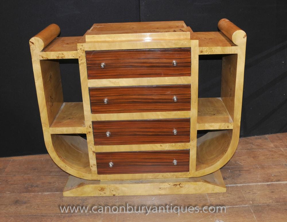 Art Deco Chest Drawers Commode Blonde Walnut 80s Furniture