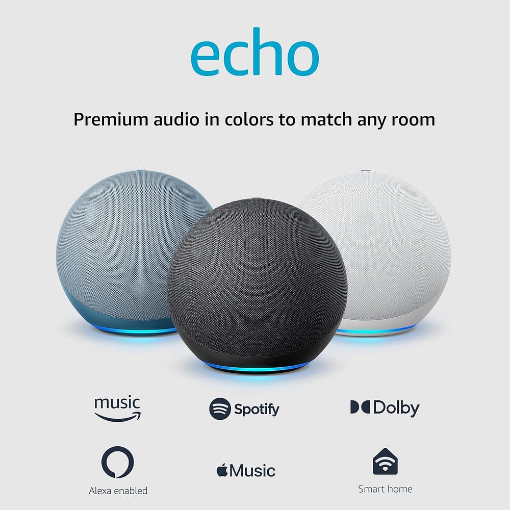 Amazon Echo with Alexa (newest model), Smart speaker with premium sound, Ideal for large bedrooms, living rooms and kitchens, Charcoal