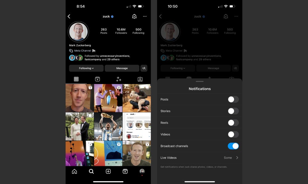 Screenshot of Mark Zuckerberg’s instagram profile page, next to a screenshot of the notifications menu for his account specifically.