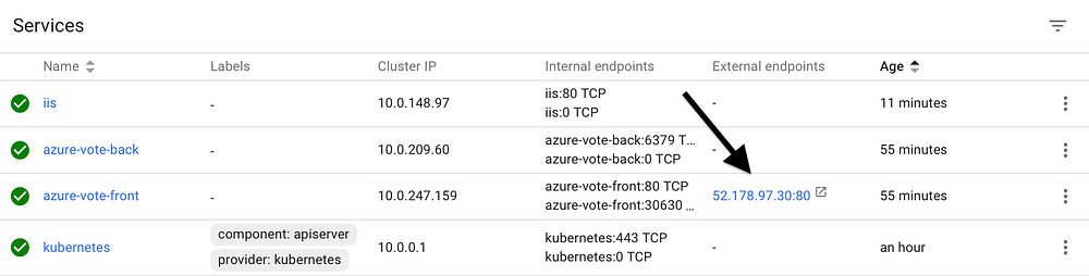  External Endpoints that you can use to test both iis and azure-vote deployments